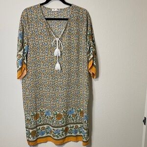 HALIFE Multicolor Orange Blue Boho Floral Tunic Dress with Tassel Accents